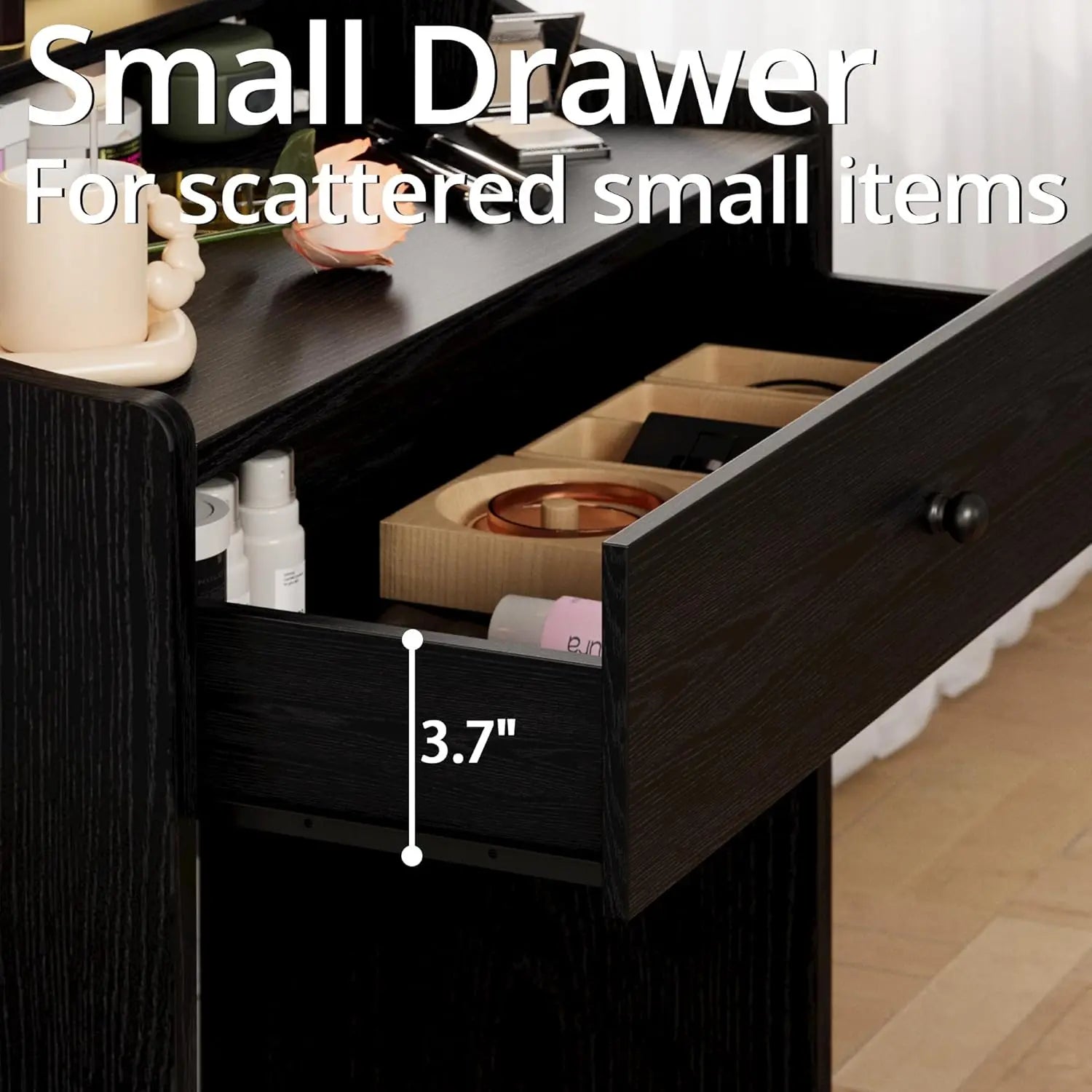 LIKIMIO Small Makeup Vanity Desk with Mirror and Lights, Vanity Table Set with Storage Drawer, Chair and Three Shelves, Bedroom