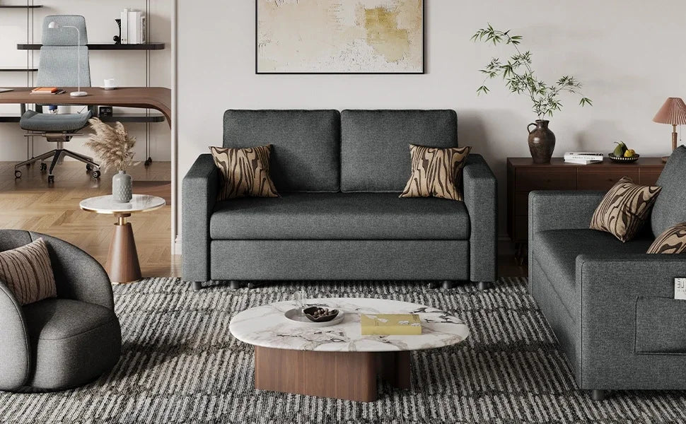 Pull-Out Trundle Bed Sleeper Sofa Convertible Couch for LimitedLiving Room Bedroom Guest Room Dark Gray 55.5 in