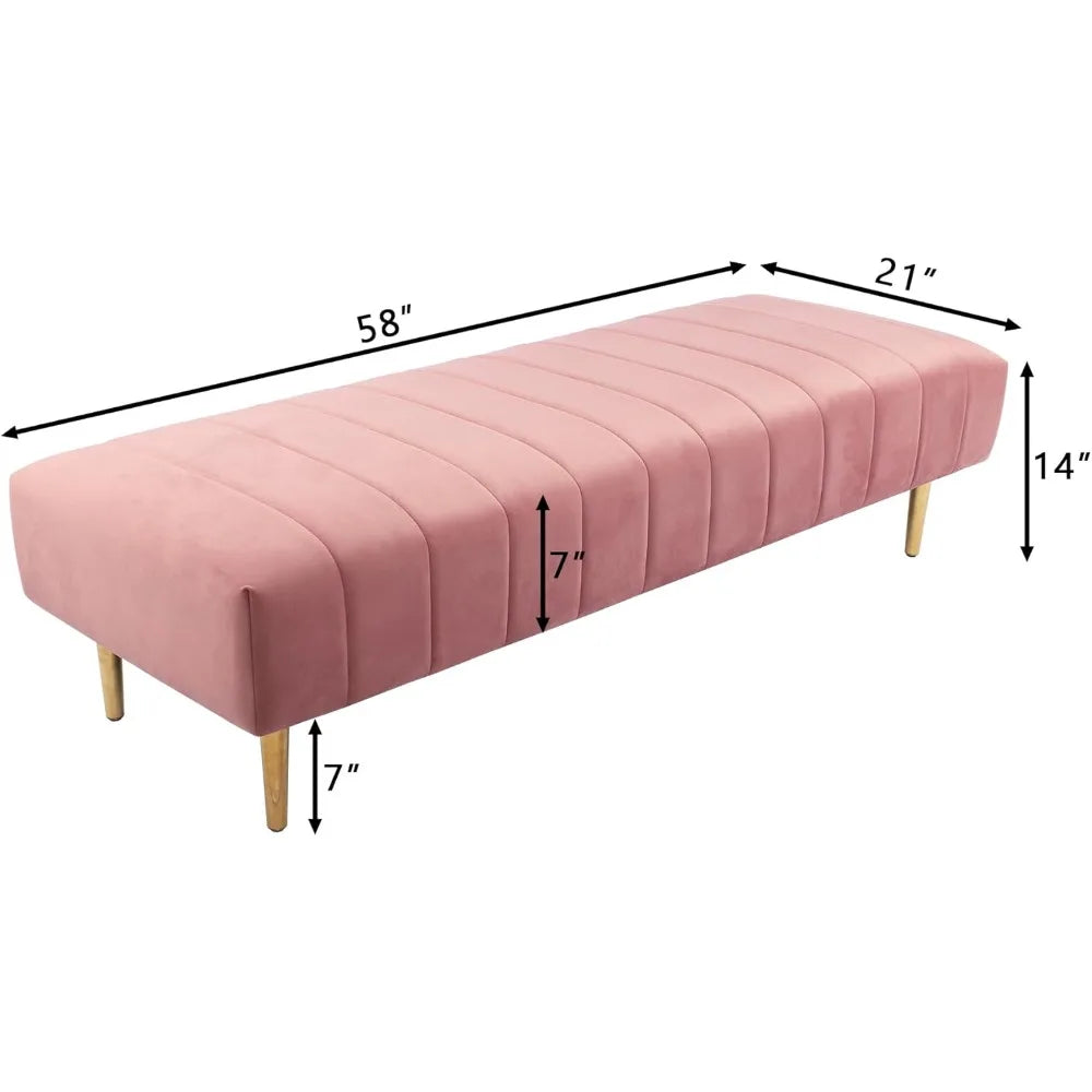 Velvet Upholstered Ottoman Bench – 58″ with Gold Legs