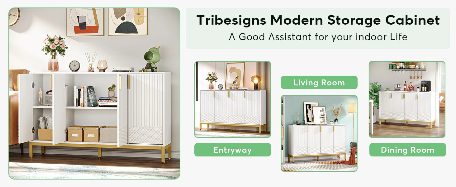 Tribesigns Modern Storage Cabinet, 59 Inch Console Cabinet Sideboard Buffet Cabinet with 4 Doors & Gold Metal Base