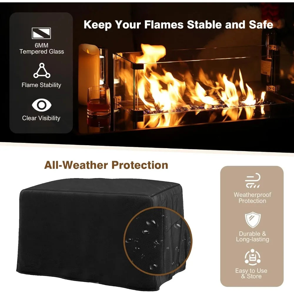 52 Inch Outdoor Propane Gas Fire Pit Table, 50000 BTU Rectangle Propane Fire Pit with Glass Wind Guard, Tempered Glass Top and W