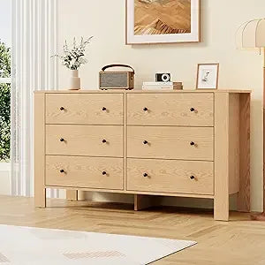 Natural Oak 6 Drawer Dresser for Bedroom, Modern Wide Dresser Organizer with Storage Drawers, Wooden Chests of Drawer