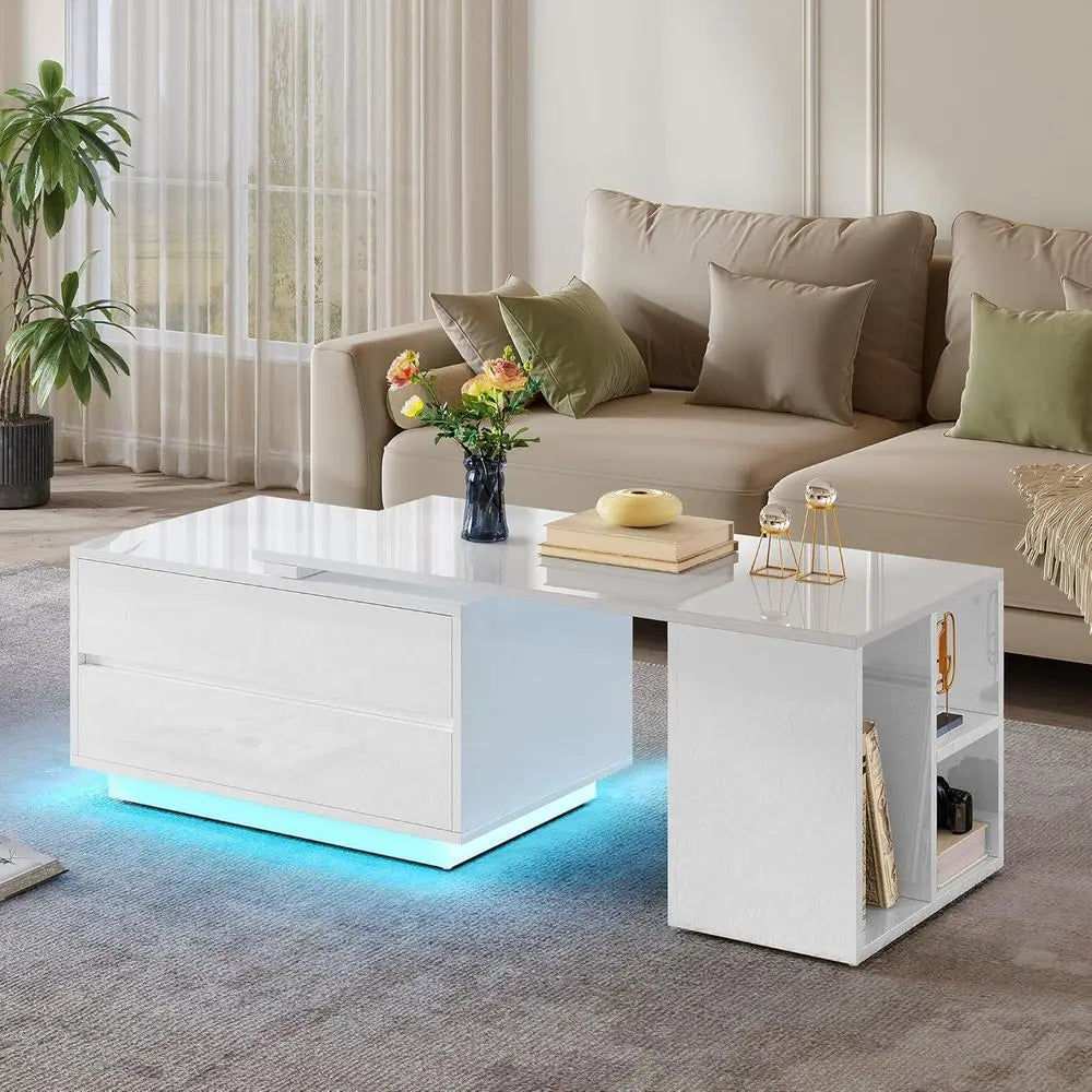 Modern Rectangular LED Coffee Table – White Extendable Center Table with 4 Storage Drawers