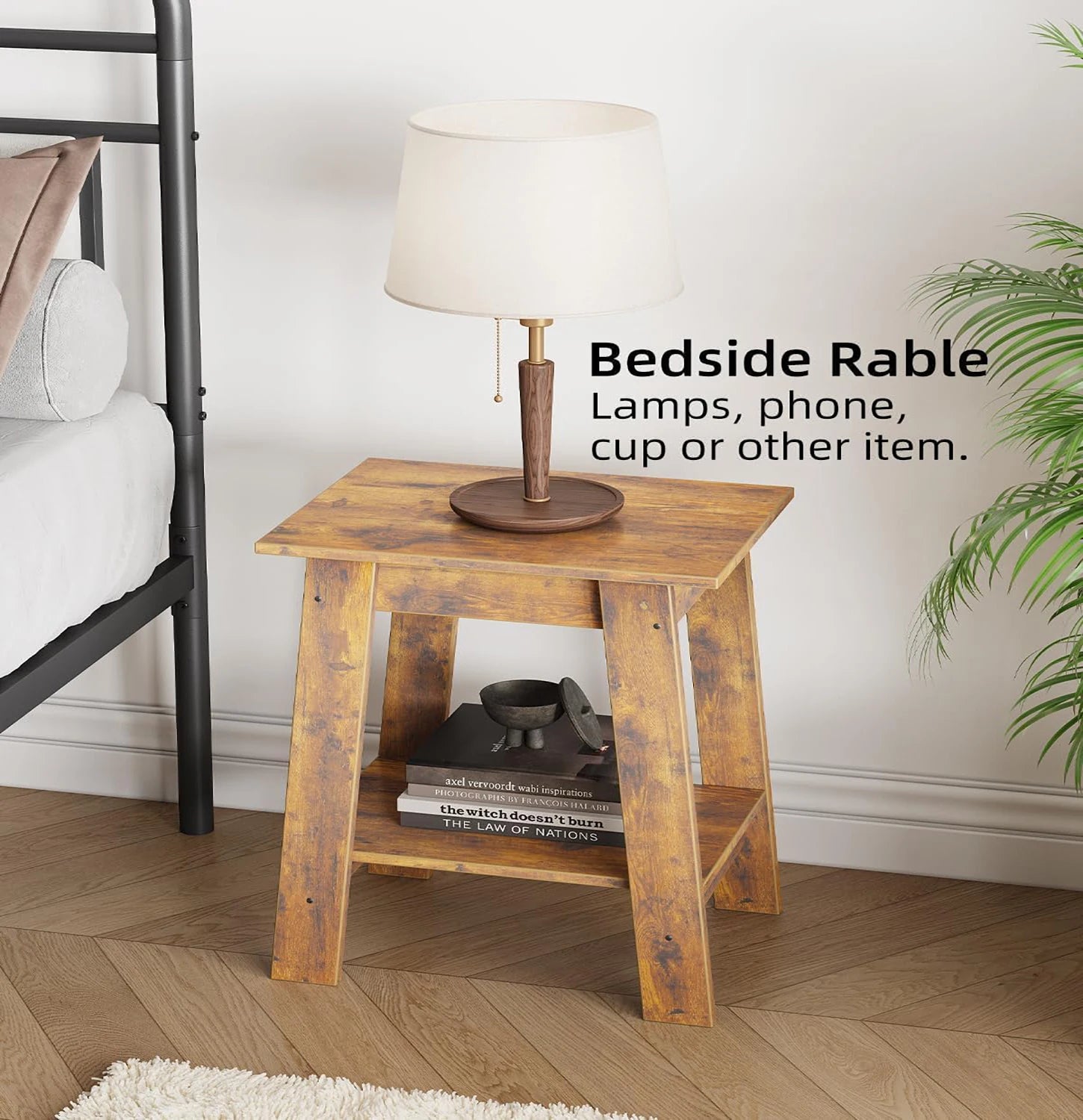 End Table, Wooden Side Table, Small Minimalist Bedside Table, Night Stand with 2-Tier Storage Shelf, Sofa Table for Small Space,