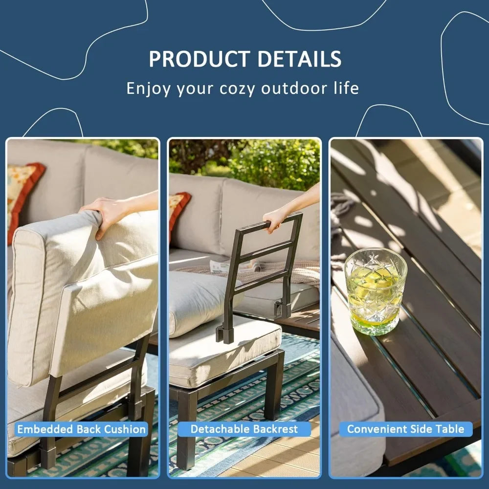 6 Pieces Patio Furniture Set - Outdoor Metal Frame Sectional Sofa Conversation Set with Coffee Table & Removable Cushions for Co