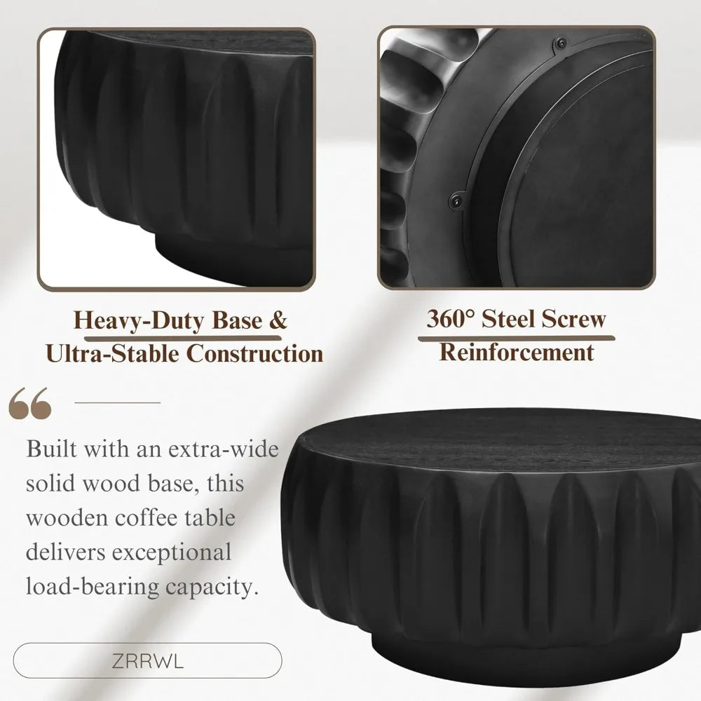 31.5” Round Black Coffee Table – Mid-Century Modern Solid Wood Fluted Center Table