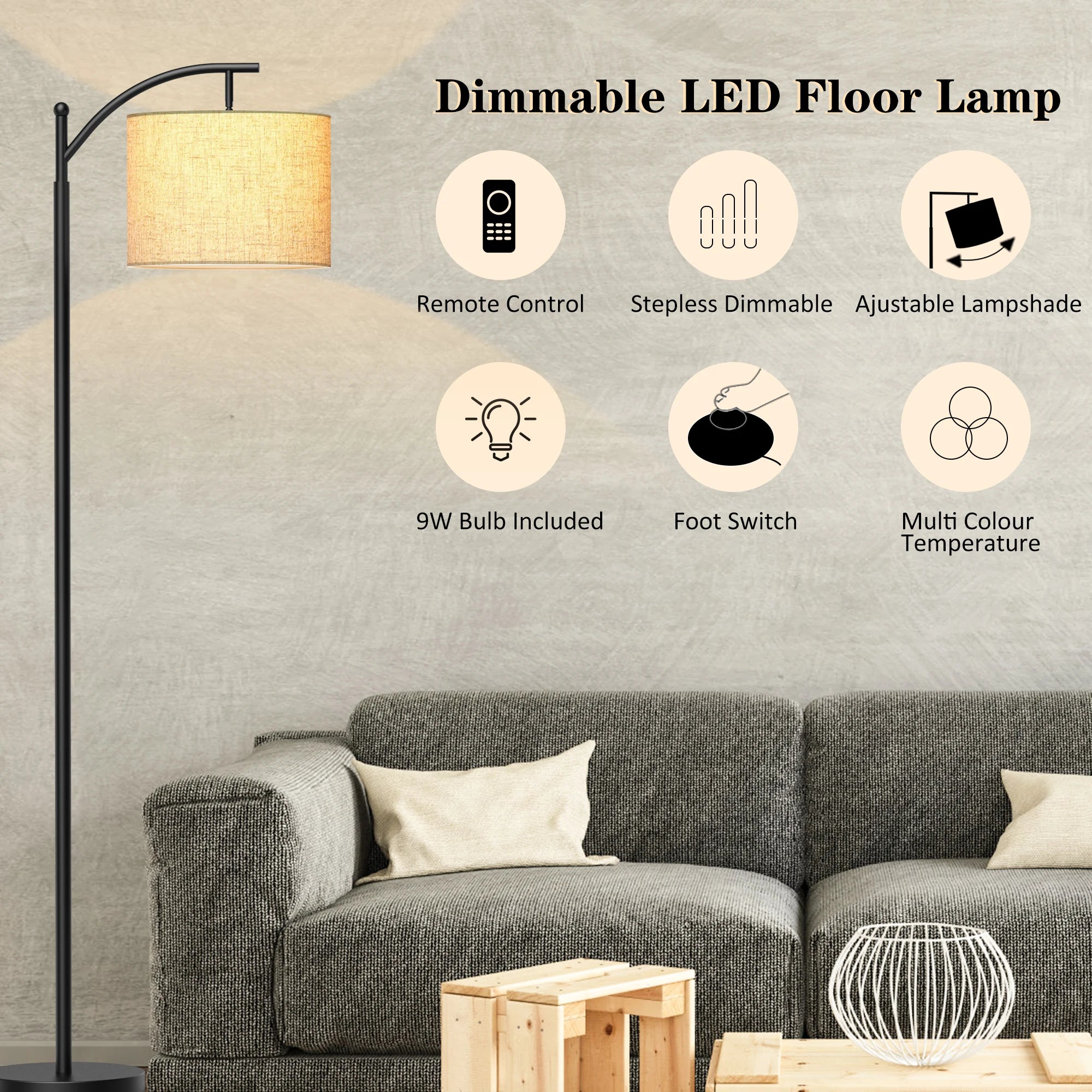 62" Arched Floor Lamp with Remote Control and Bulb Included