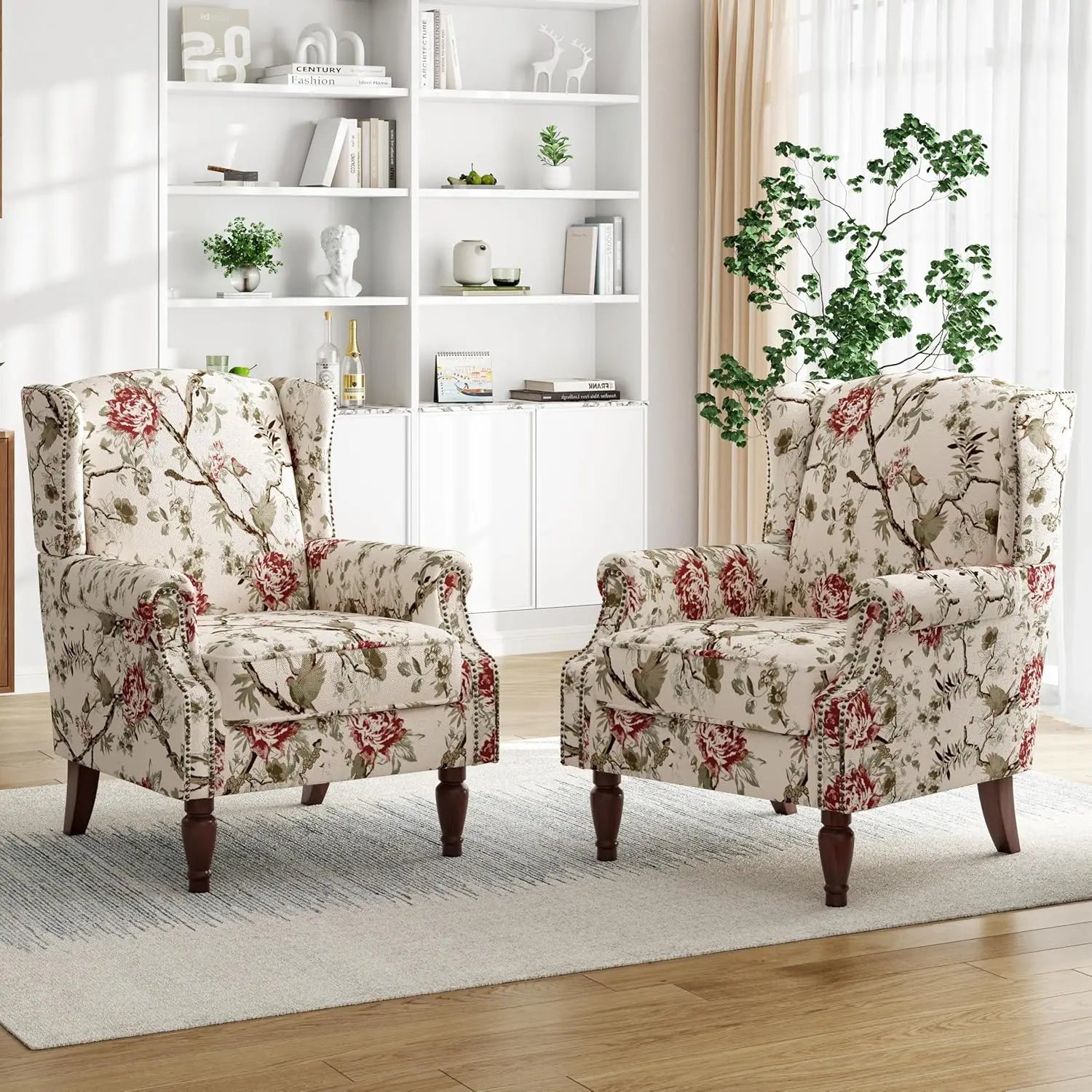 Floral Accent Chairs – Set of 2 High-Back Retro Wingback Armchairs