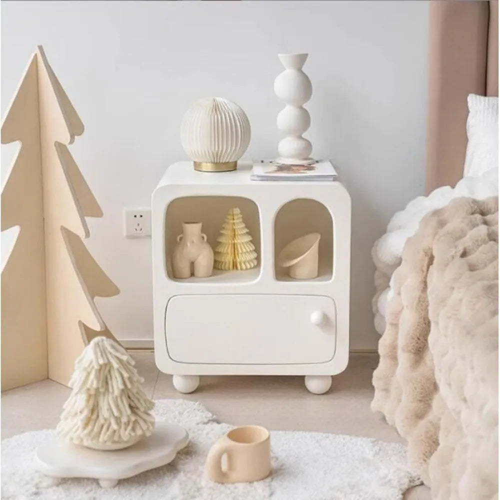 Contemporary White Nightstand with Open Shelf and Drawer, Compact End Table for Bedroom Use