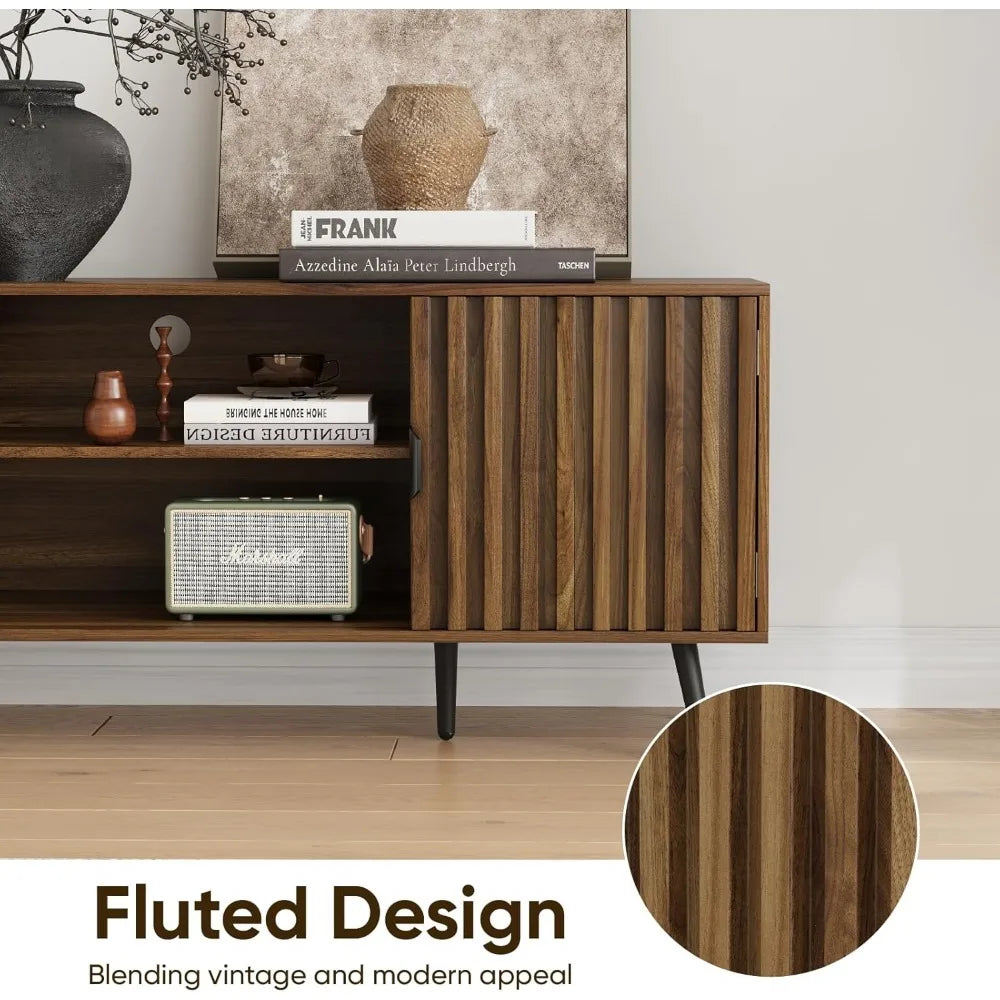 53" Fluted TV Stand with for TVs up to 60 Inch, Entertainment Center with Storage and Adjustable Shelves, Farmhouse Media Consol