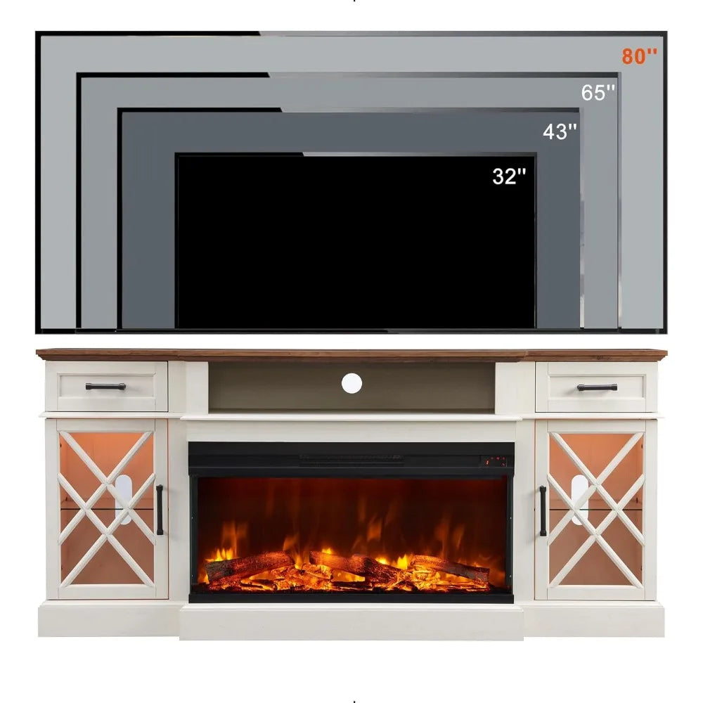 3-Sided Glass Farmhouse Electric Fireplace TV Stand for TVs up to 80'', Highboy Entertainment Center with Glass Door Storage Ca