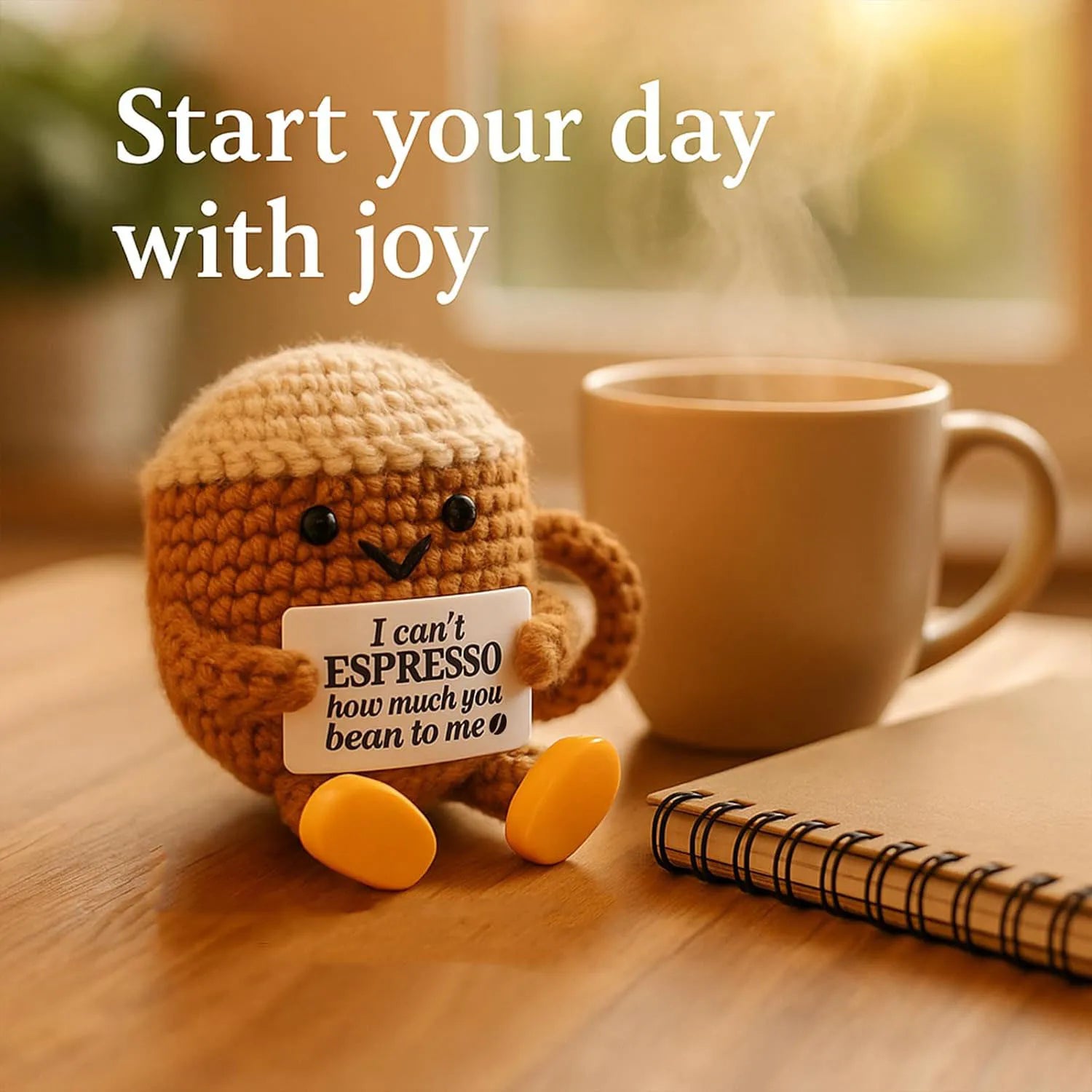 Handwoven Positive Energy Coffee Cup Plush – Funny Knitted Doll Desk Decoration