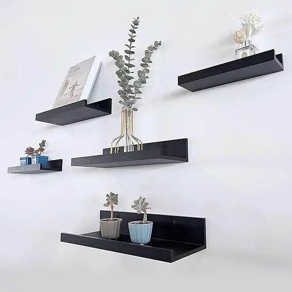 Black Floating Shelves | Set of 5 | Wall Shelf | Wood Bathroom Shelves | Bedroom | Living Room | Kitchen | Office & More (Black