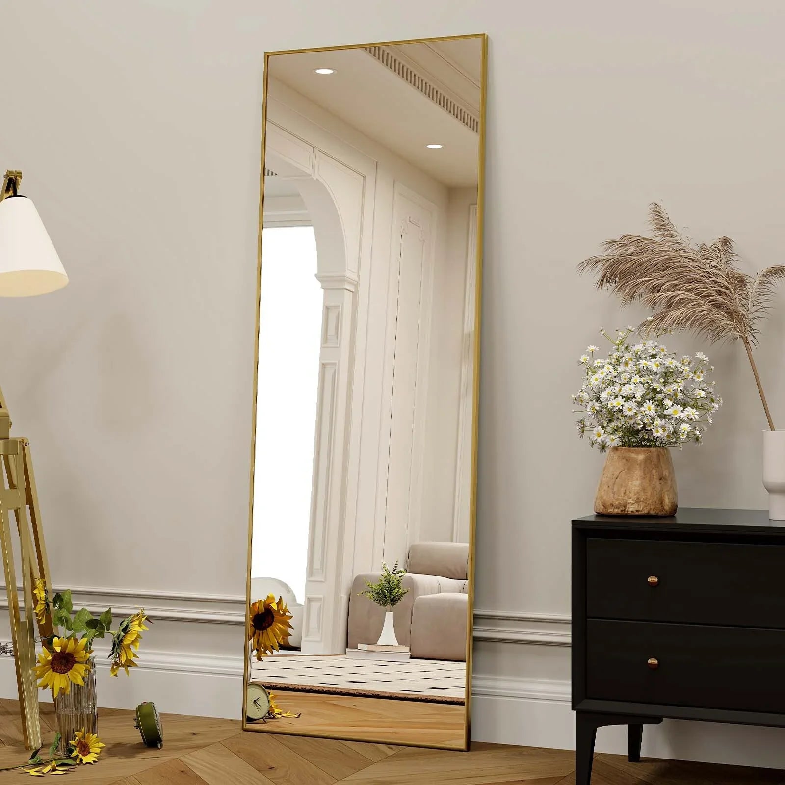 56"x21" Full Length Mirror Standing Full Body Mirror with Rounded Corners, Gold