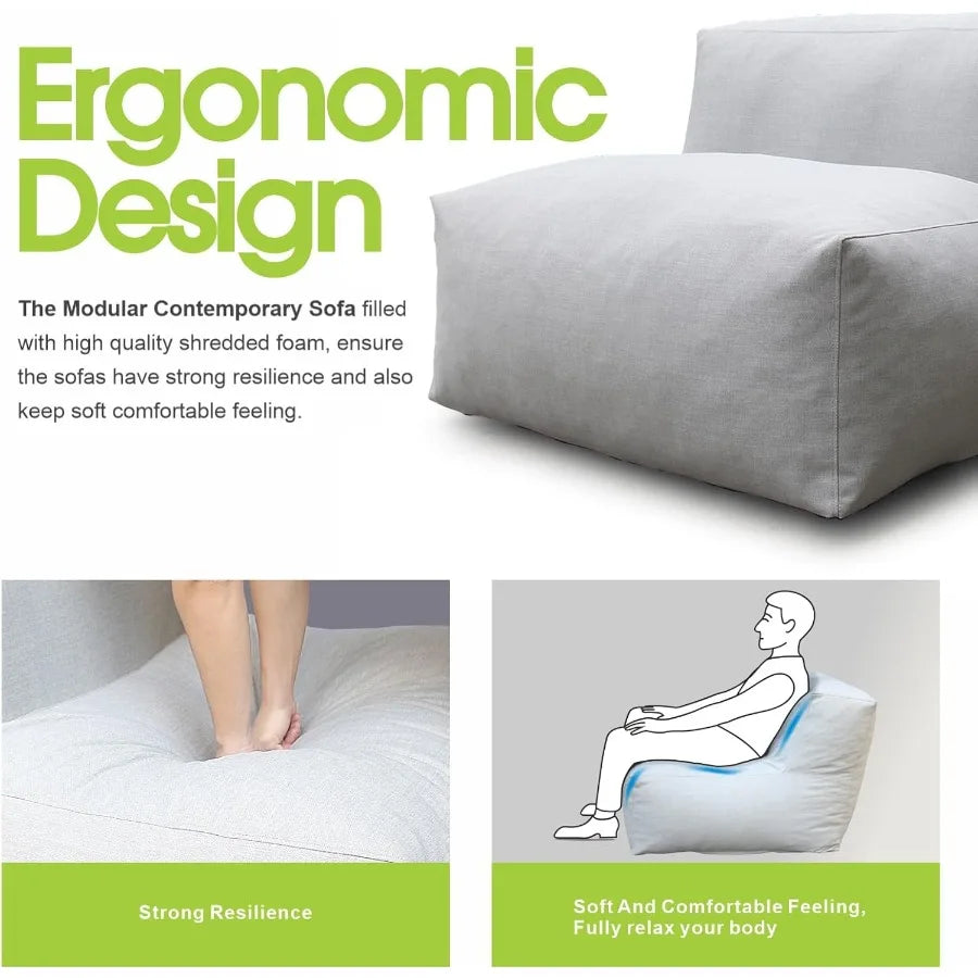 Modern Comfy Outdoor Patio Furniture Set with Bean Bag Corner Chair and Sectional Conversation Chair Featuring High Density Foa