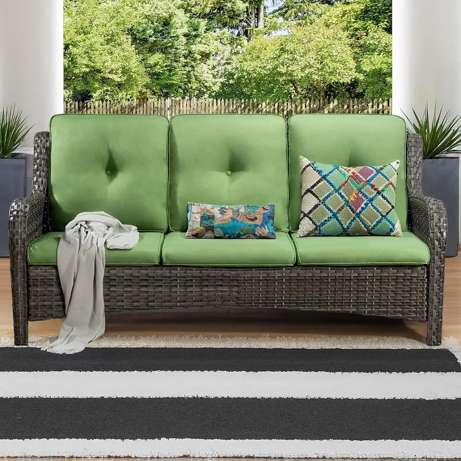 Outdoor Couch Wicker Patio Sofa - 3-Seat Patio Sofa with Deep Seating and Comfortable Cushions for Porch Deck Balcony Garden