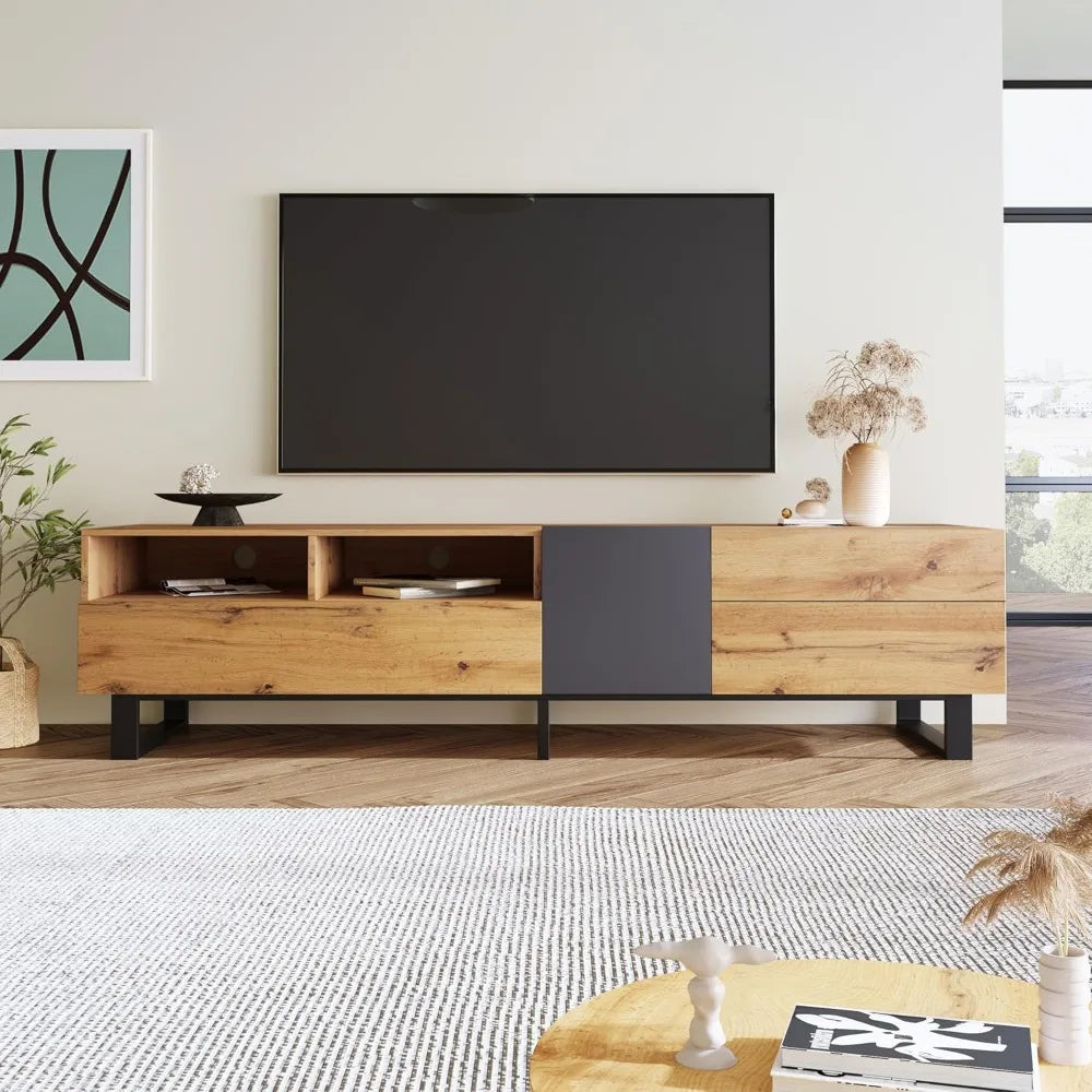 Modern TV Entertainment Center with 3 Cabinets & Open Shelves, Wood TV Stand for TVs Up to 80” for Living Room Bedroom (Wo