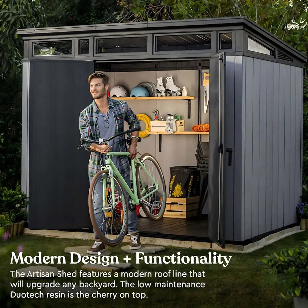 All-Weather Storage Shed: 9x7 Ft with Skylight, Window, Built-In Ventilation, Walls, and Lockable Double Doors for Outdoor Equip