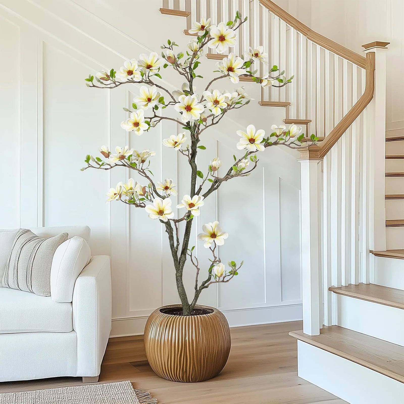 Artificial Magnolia Plant Faux Flower Trees Fake Plants with LED Light for Yard Patio Home Office Arrangement Decor