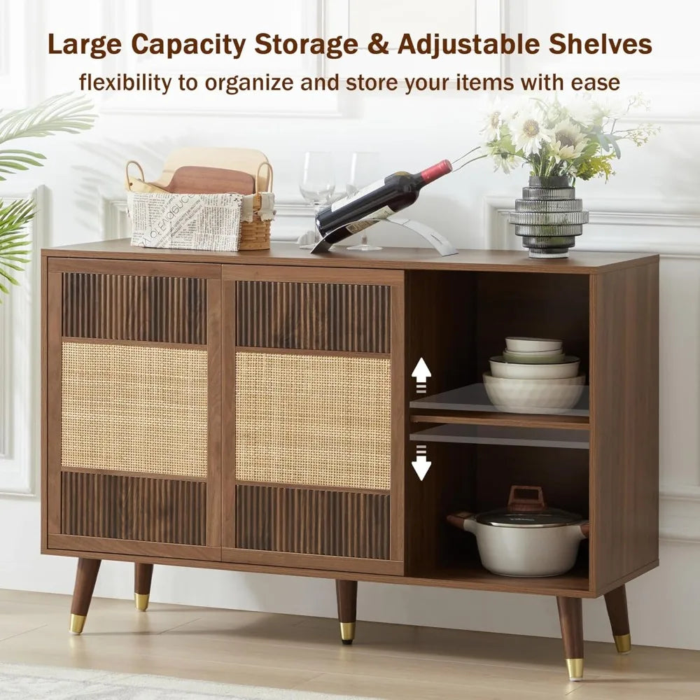 Sideboard Buffet Cabinet with Storage, 47" Rattan Kitchen Storage Cabinet with 2 Slide Doors and 4 Drawers, Accent Cabinets with