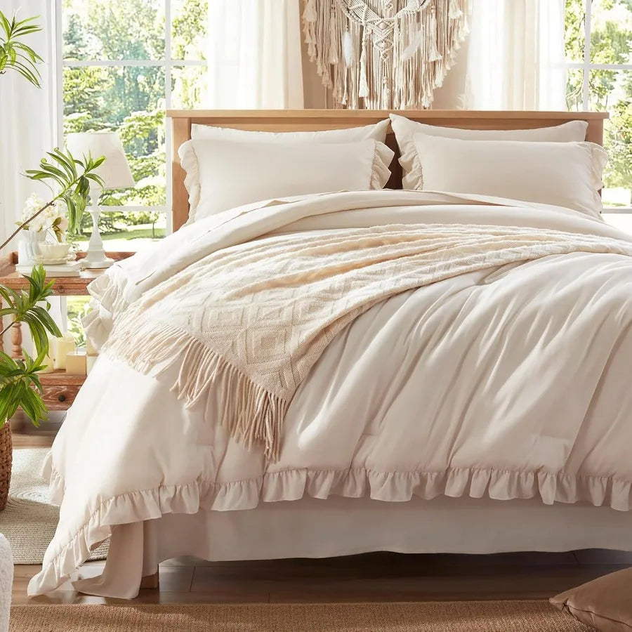 Queen Comforter Set 7 Piece Beige Bed in a Bag with Sheets All Season Ruffle Shabby Chic Bedding Sets with 1 Comforter 2 Pillow