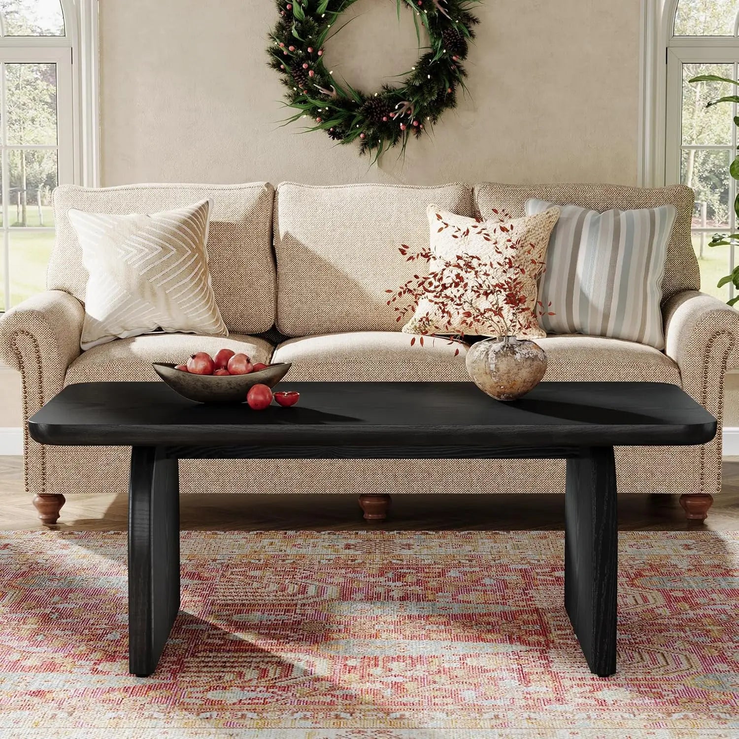Rectangular Farmhouse Wood Coffee Table – Living Room Accent Center Low Cocktail Tea Table with Sturdy Base