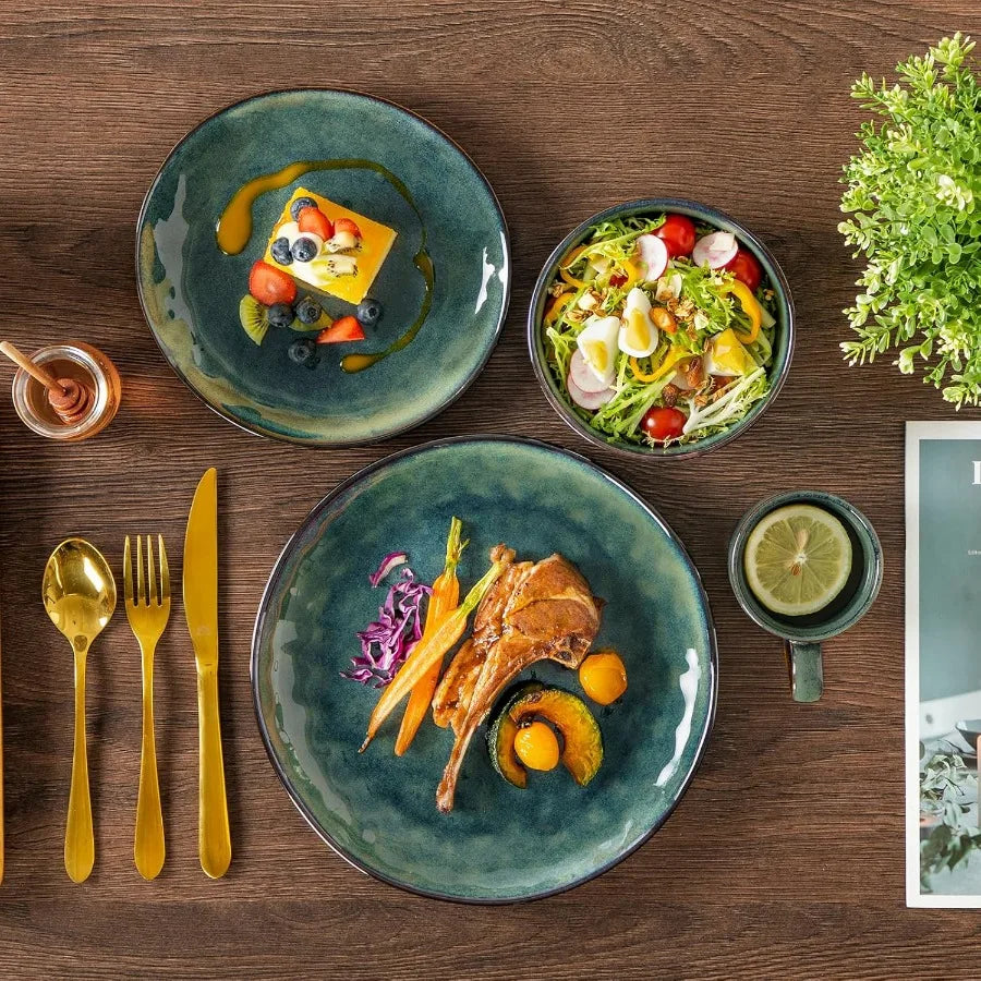 Starry 16 Pieces Green Dinnerware Set Reactive Glaze Dinner Sets Plates and Bowls Set for 4 16 Pcs Ceramic Dish Set Stoneware