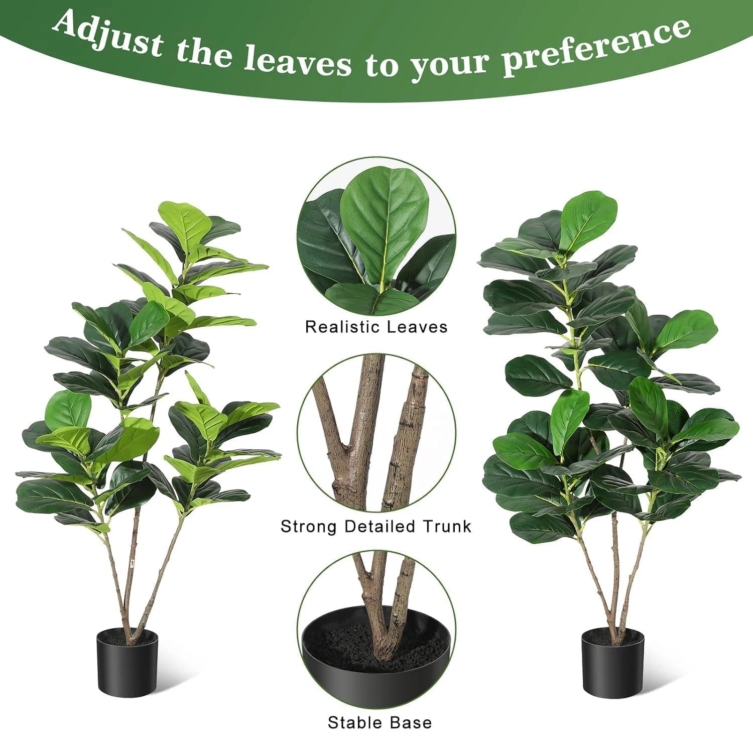 Artificial Fiddle Leaf Fig Tree Large Faux Plant Tree with Black Planter Pot Fake Potted for Indoor Outdoor Home Office Decor