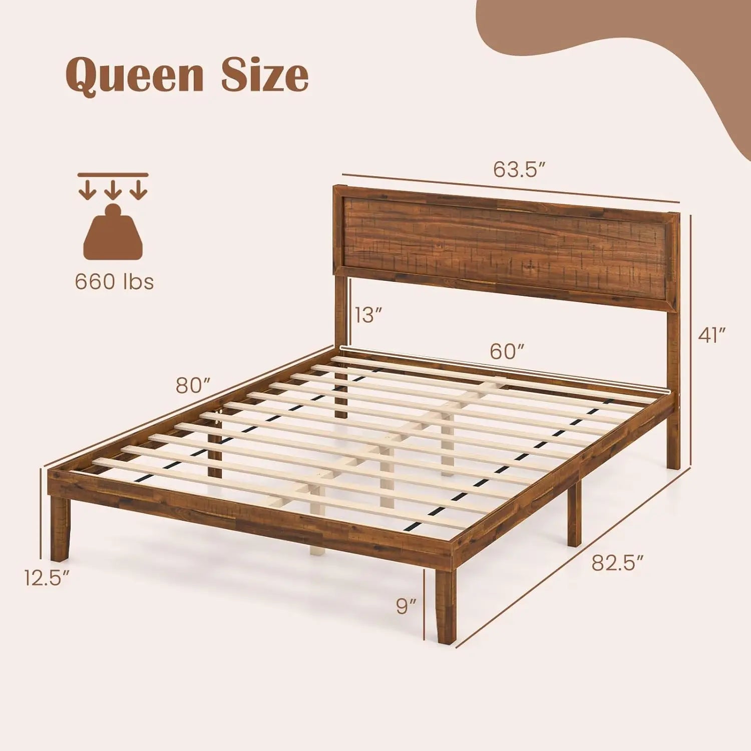 Wood Queen Size Platform Bed Frame – Mid-Century Modern with Headboard & Solid Wood Legs