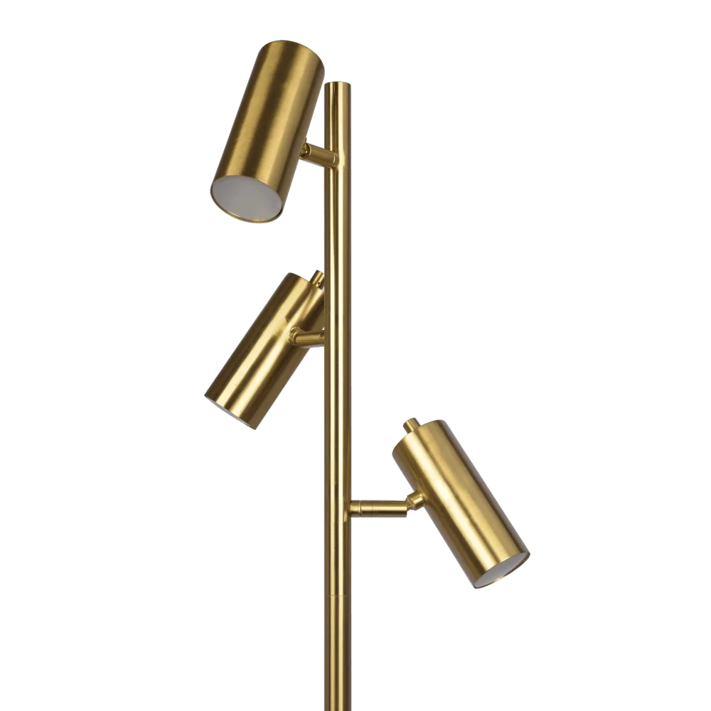 Lumina Brassed Gold Floor Lamp Rotary Switch Triple Spots Metal Cone Base The Elegantly Designed Lumina Brassed Gold Floor Lamp