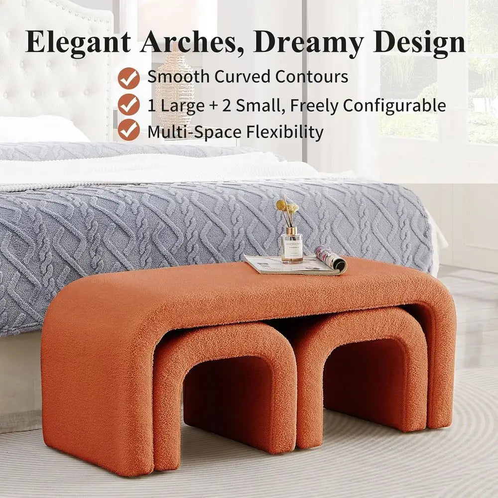 Modern Orange Ottoman Set – 3-Piece Bed Bench with Matching Footstools