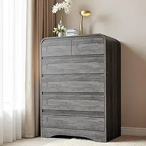 Grey Dresser for Bedroom with 6 Drawers, Tall Dressers & Chest of Drawers with Curved Profile Design, Farmhouse Wood Closet Clot