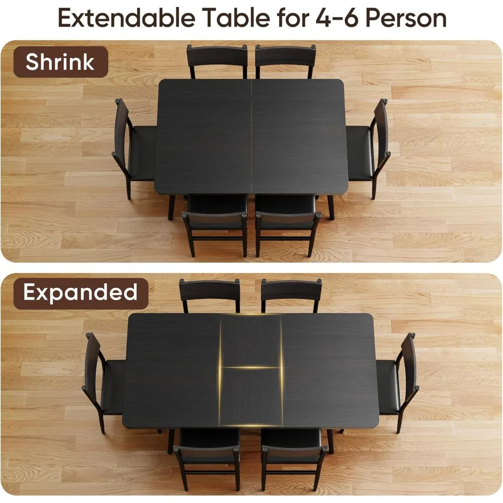7-Piece Extendable Dining Table Set for 4–6 – 63-Inch Kitchen Table with 6 Padded Chairs