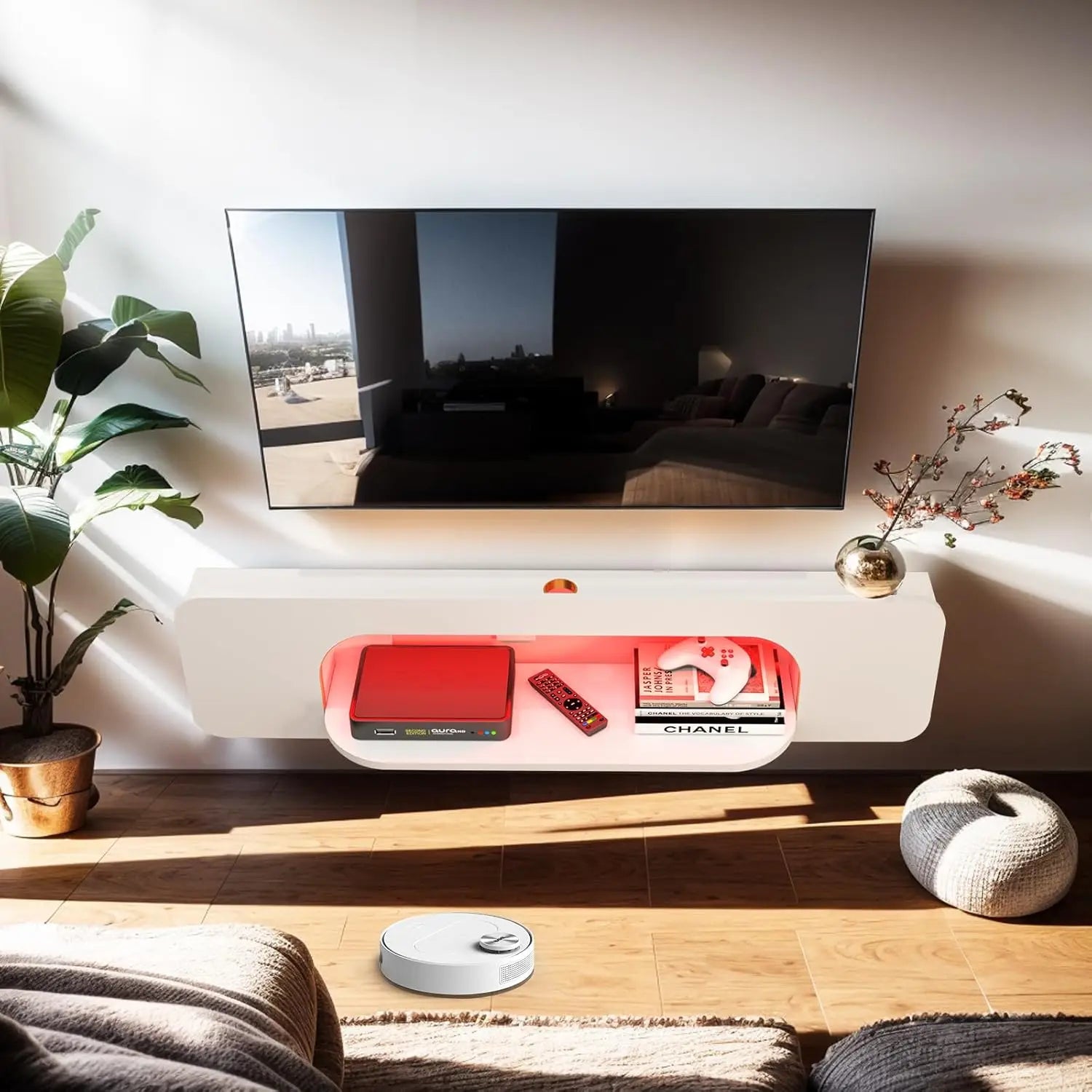 Floating Tv Stand With Led Lights, 58'' Wall Mounted Tv Shelves With 1 Open Shelf, Modern Entertainment Media Console Center