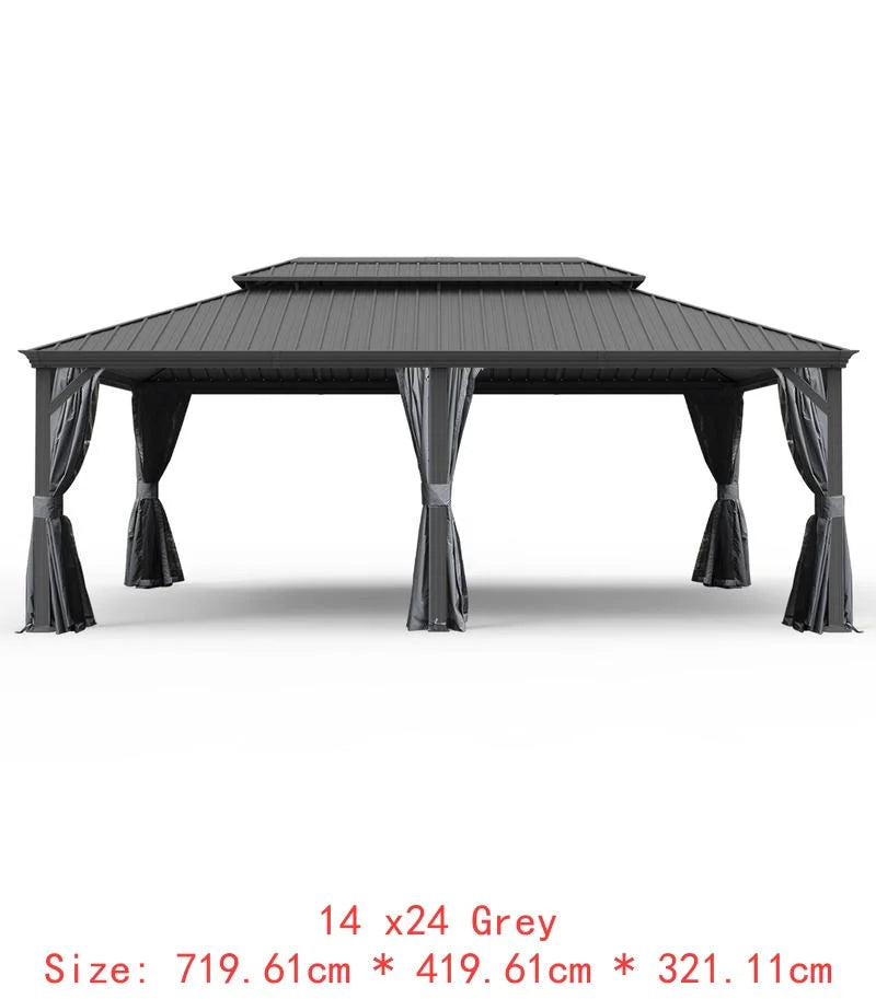 14x22 Hardtop Gazebo, Upgraded Metal Canopy with Drainage System, Dual-Layer Galvanized Steel Roof, Includes Curtains &