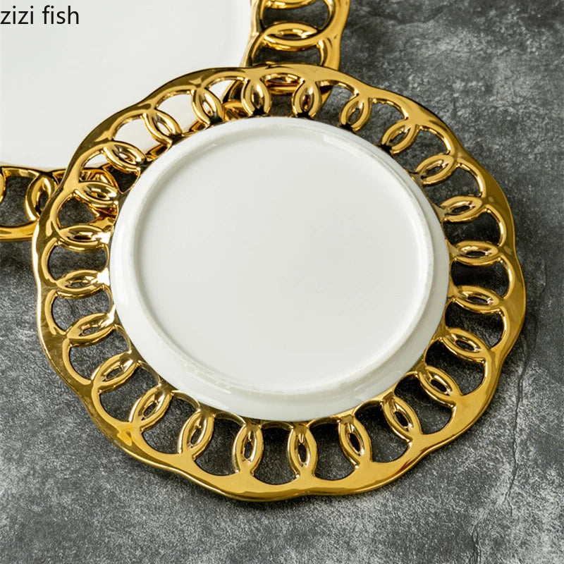 Gold-Plated Hollow-Out Ceramic Serving Plate – Decorative Steak, Dessert & Salad Plate