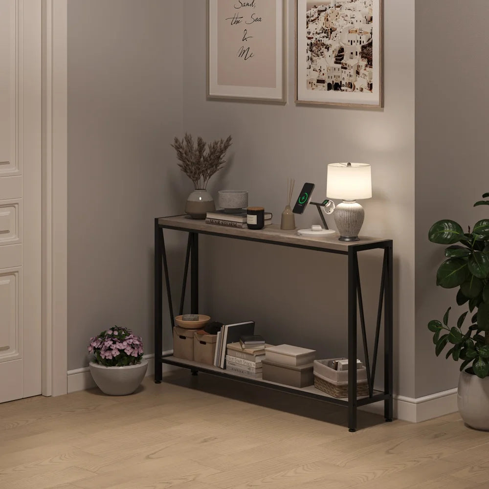 Industrial Console Table 2-Tier Entryway Table with Storage Narrow Sofa Table for Entryway Living Room Hallway Office