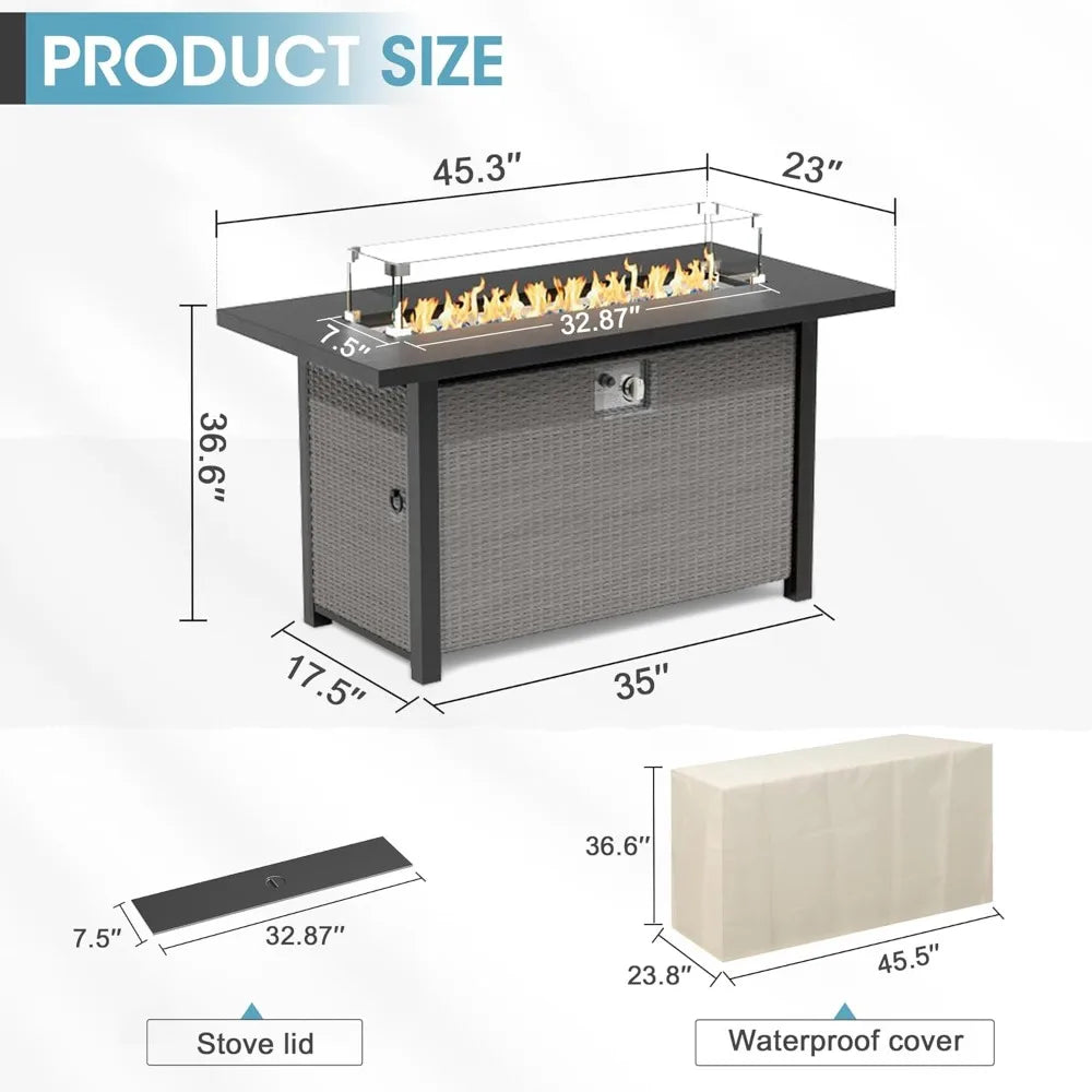 45 Outdoor Propane Gas Fire Pit Table, 50000 BTU Rectangle Rattan Propane Fire Table for Garden, Backyard, Deck Patio