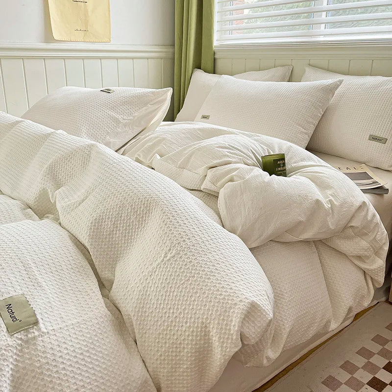 Simple Waffle Jacquard 100% Cotton Bedding Set Soft Comfortable Queen Duvet Cover Set with Sheets Quilt Cover and Pillowcases