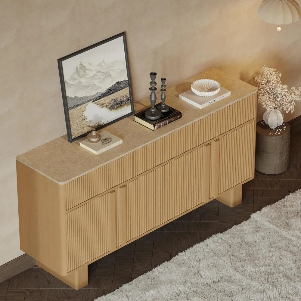 63" Wide Sideboard Buffet Cabinet with Storage, Modern Buffet with 3 Drawers and 4 Doors, Storage Cabinet with 2 Reinforced Legs