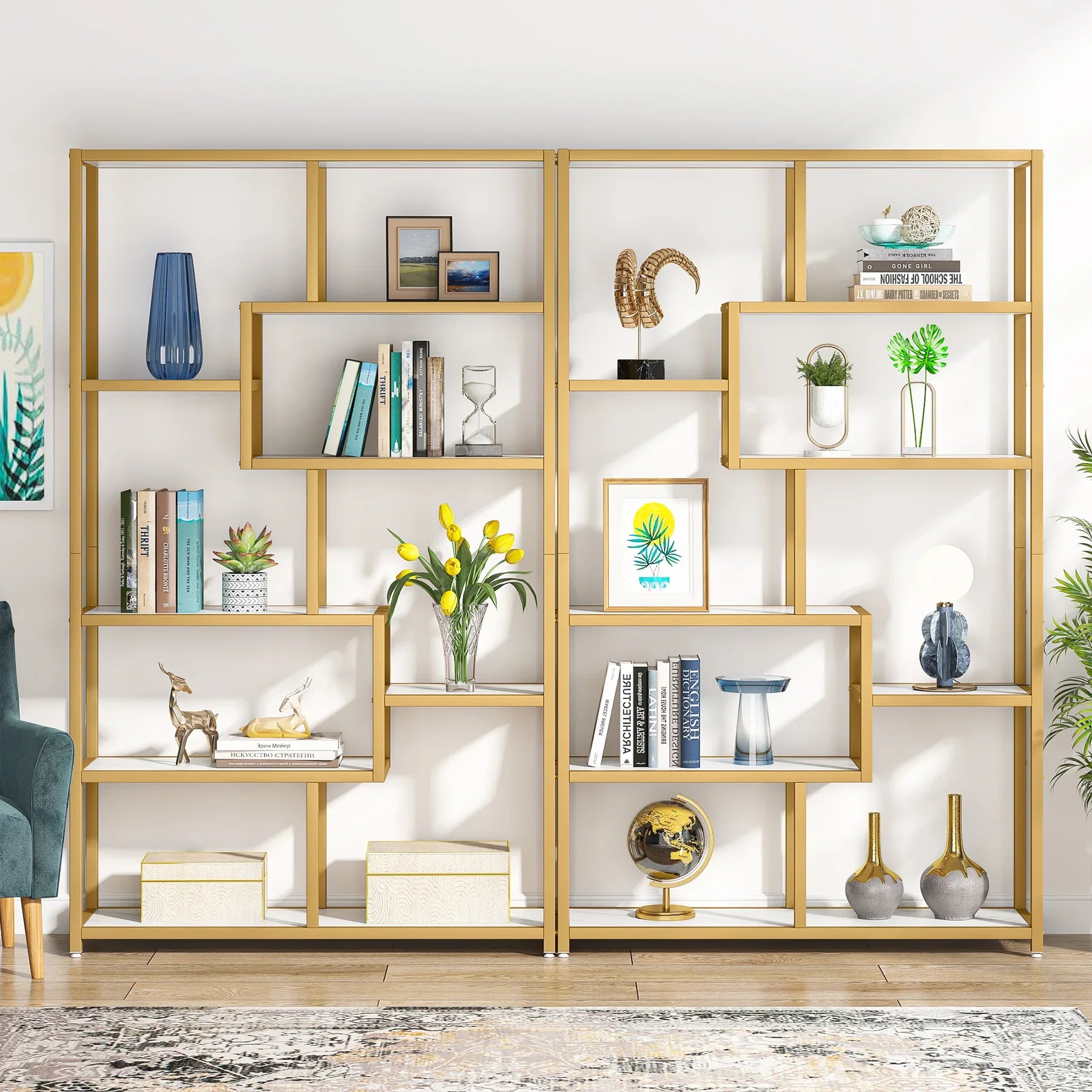 Tribesigns Gold 8-Open Shelf Étagère Bookcase with Faux Marble – Modern Display Bookshelf