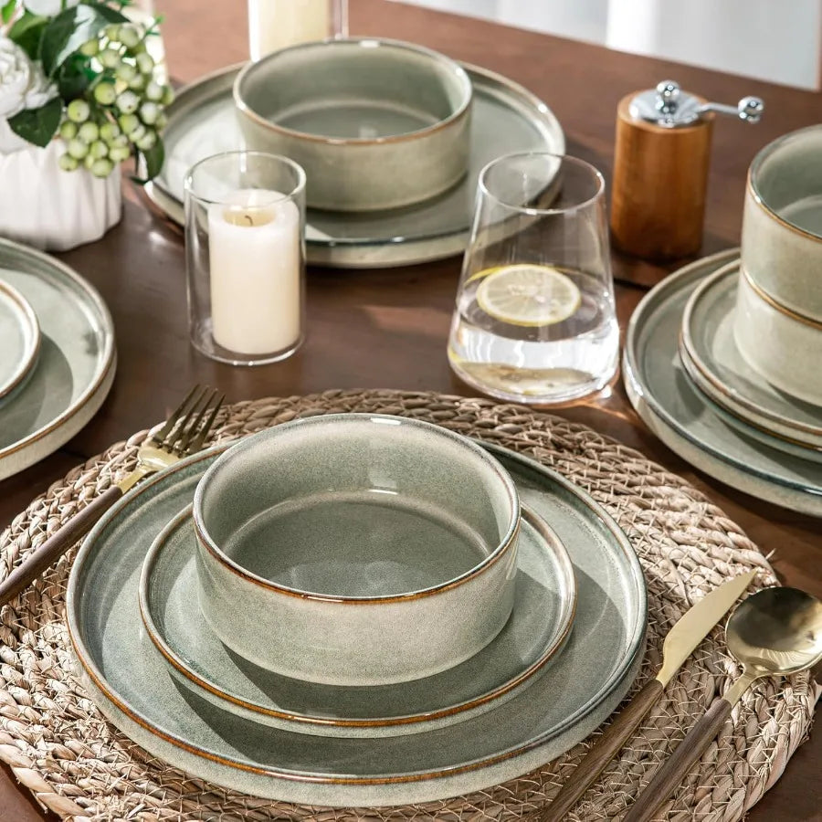 Ceramic Dinnerware Sets Handmade Reactive Glaze Stoneware Plates and Bowls Sets Highly Chip and Crack Resistant Dishwasher and