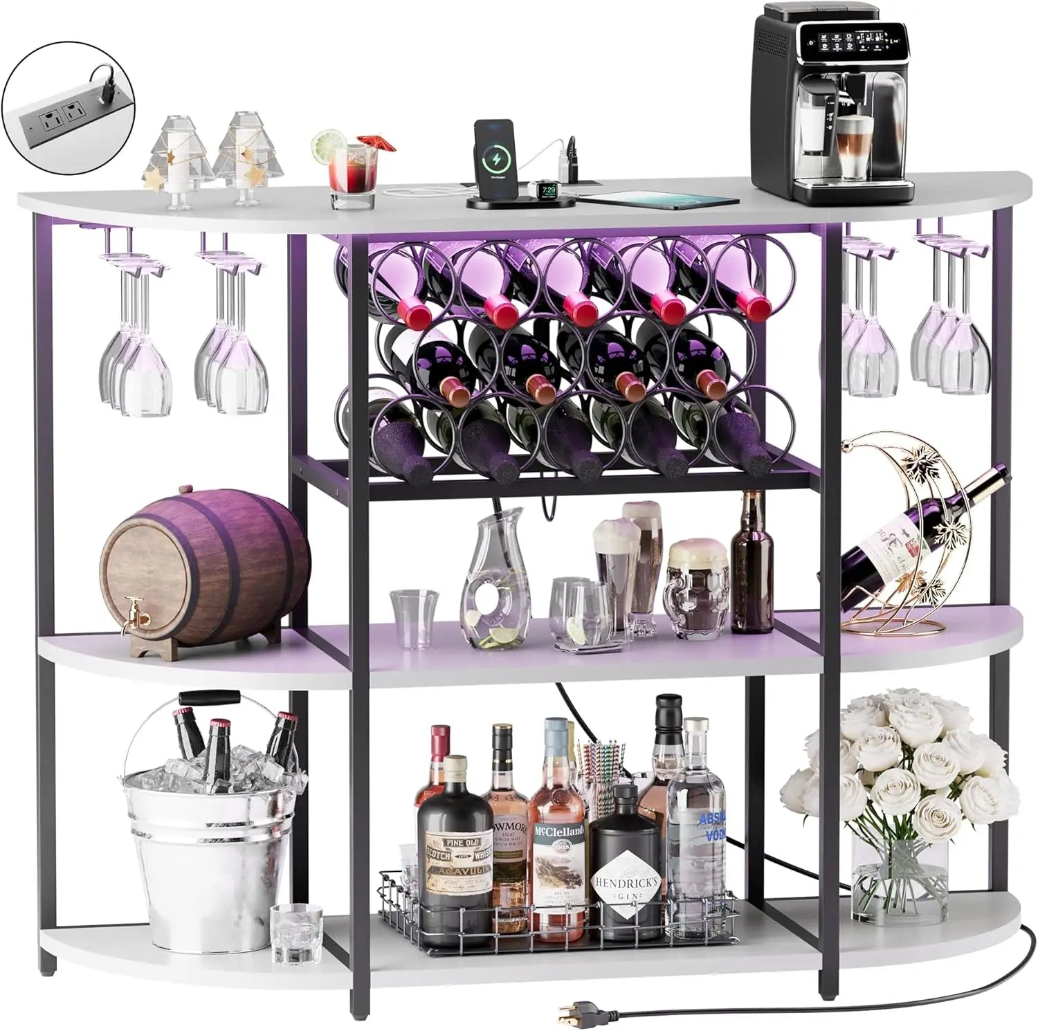 Freestanding Wine Bar Cabinet – LED Lighting with Power Outlets & Glass Holder