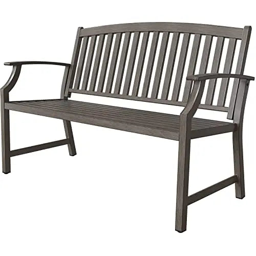 52" Farmhouse Outdoor Bench, Garden Bench with Faux Wood Grain Finish Frame and Aluminum Backrest, for Front Porch