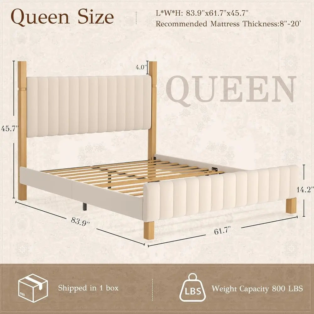 Queen Size Solid Wood Bed Frame with Upholstered Headboard – Beige Linen Platform Bed