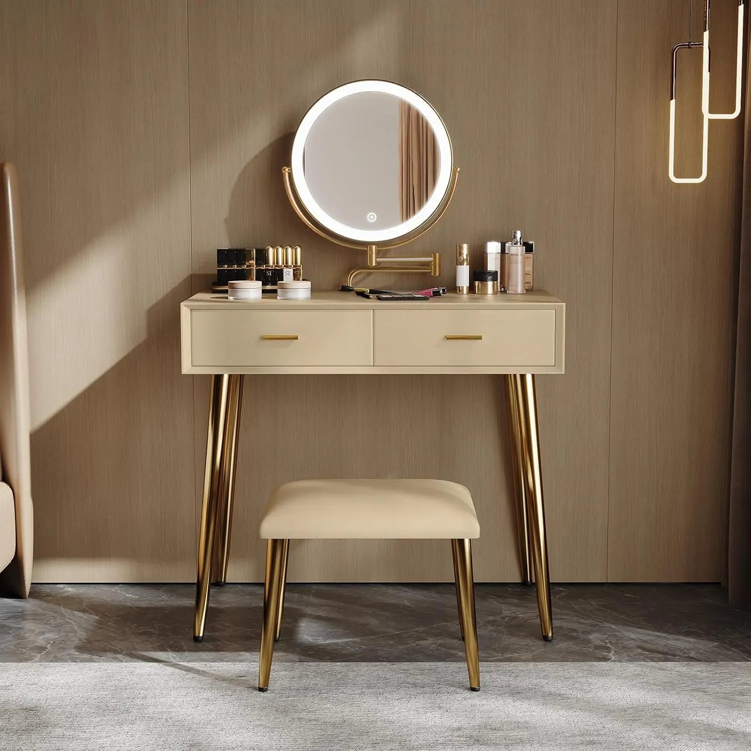 Makeup Vanity Desk with Mirror and Lights, Small Vanity Table with 2 Drawers, Stool,Vanity Set for Bedroom with Microfiber