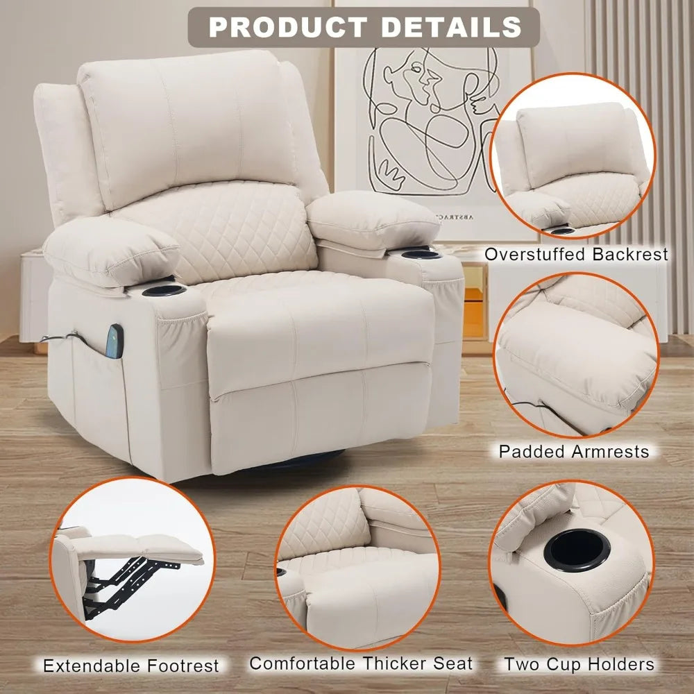 Leather Massage Recliner Chair with Heat Cup Holders for Adults, Thickly Padded Overstuffed Rocking Glider Chair, Swivel Rocker