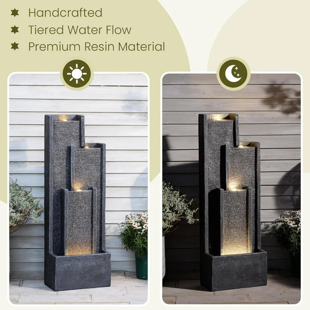 Modern Outdoor Water Fountain with Lights&Pump, Cascading Waterfall Feature Outdoor, Resin Standing Garden Fountain for Landscap