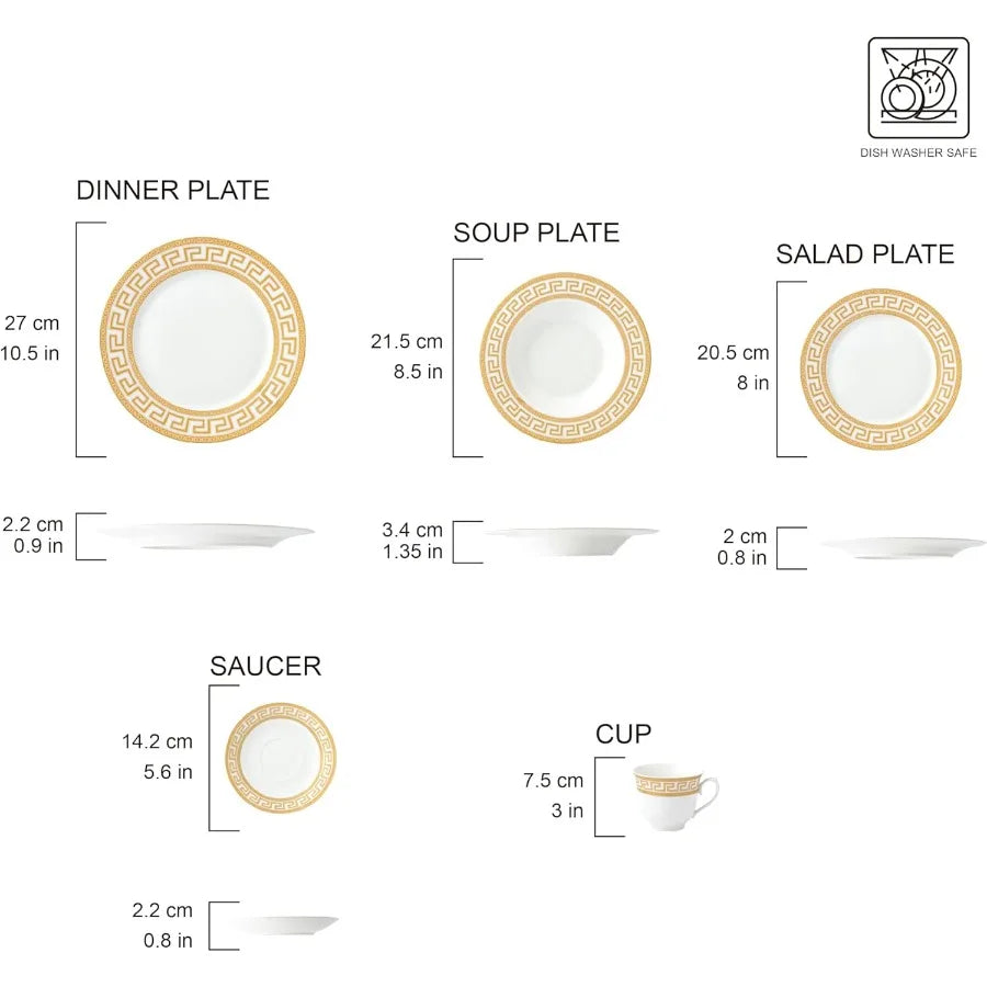 20Piece Bone China Dinnerware Set Service for 4 White and Golden Greek Key