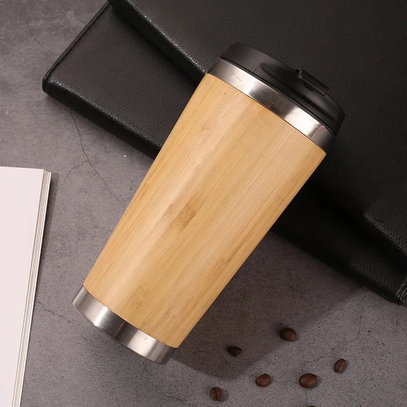 Natural Bamboo Vacuum Flask Coffee Mug – Stainless Steel Insulated Thermos